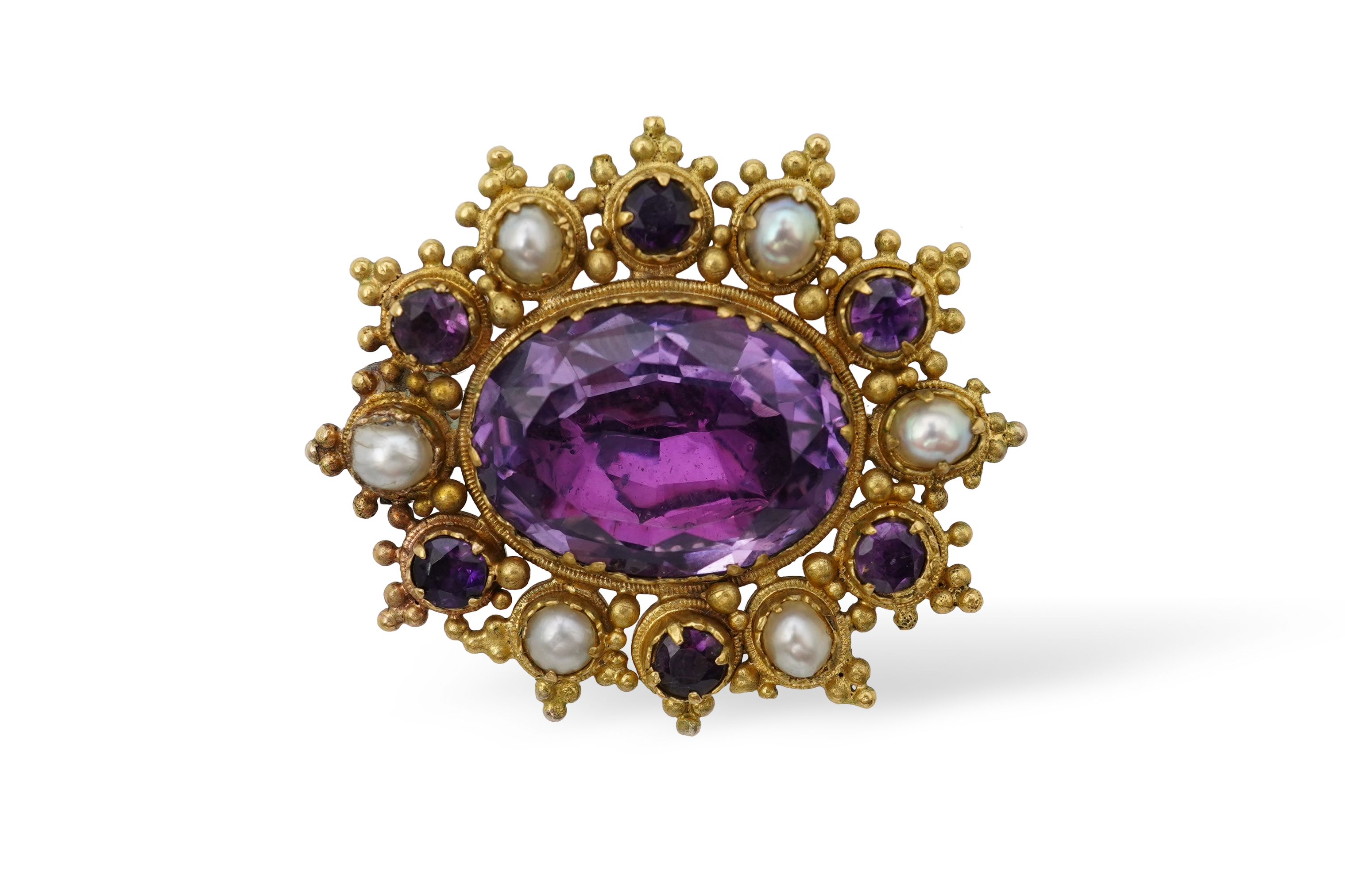 An amethyst and split pearl brooch, mid 19th century
